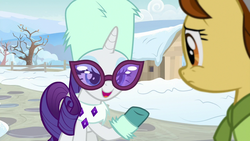 Size: 1280x720 | Tagged: safe, screencap, butternut, rarity, pony, g4, my little pony best gift ever, snow, tree