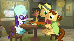 Size: 1280x720 | Tagged: safe, screencap, butternut, oak nut, rarity, pony, g4, my little pony best gift ever, broom, chair, cup, kitchen, table, teacup, teapot