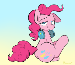 Size: 1235x1067 | Tagged: safe, artist:moozua, pinkie pie, earth pony, pony, g4, balloonbutt, butt, cute, diapinkes, female, gradient background, headphones, lidded eyes, looking at you, one ear down, plot, sitting, solo