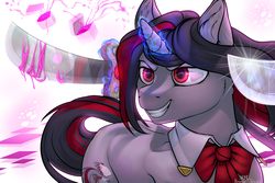Size: 3000x2000 | Tagged: safe, artist:rrd-artist, oc, oc only, pony, unicorn, abstract background, bow, ear fluff, high res, magic, red eyes, smiling, sword, telekinesis, weapon