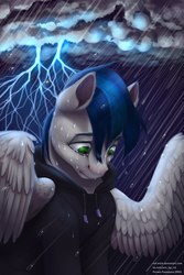 Size: 1440x2160 | Tagged: safe, artist:rrd-artist, oc, oc only, pegasus, pony, blue mane, clothes, crying, green eyes, hoodie, lightning, looking down, male, rain, sad, stallion, storm, teary eyes