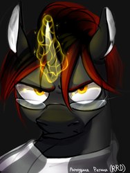 Size: 1500x2000 | Tagged: safe, artist:rrd-artist, oc, oc only, pony, unicorn, angry, bust, clothes, dark background, frown, glasses, glowing horn, horn, shrunken pupils, simple background, yellow eyes