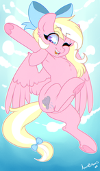 Size: 3500x6000 | Tagged: safe, artist:annakitsun3, oc, oc only, oc:bay breeze, pegasus, pony, armpits, bow, cloud, commission, female, hair bow, looking down, mare, one eye closed, open mouth, signature, sky, solo, ych result