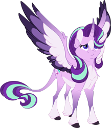Size: 2279x2631 | Tagged: safe, artist:lisianthus, starlight glimmer, alicorn, pony, unicorn, g4, alicornified, cloven hooves, coat markings, colored wings, curved horn, cutie mark, facial markings, female, hair over one eye, high res, horn, leonine tail, mare, multicolored wings, race swap, simple background, socks (coat markings), solo, spread wings, star (coat marking), starlicorn, transparent background, unshorn fetlocks, wings