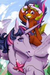 Size: 2000x3000 | Tagged: safe, artist:rrd-artist, twilight sparkle, oc, alicorn, horse, pony, unicorn, g4, cloud, duo, flying, hat, high res, horsified, ponies riding horses, riding, sun hat, twilight sparkle (alicorn)