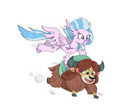 Size: 2304x2092 | Tagged: safe, artist:ilacavgbmjc, silverstream, yona, classical hippogriff, hippogriff, yak, g4, bow, carrying, cloven hooves, cute, diastreamies, duo, female, flying, hair bow, happy, high res, monkey swings, quadrupedal, signature, simple background, smiling, white background, yonadorable