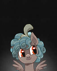 Size: 1528x1896 | Tagged: safe, artist:ilacavgbmjc, cozy glow, pegasus, pony, g4, adoracreepy, bust, cozybetes, creepy, cute, dark background, female, filly, freckles, portrait, pure concentrated unfiltered evil of the utmost potency, pure unfiltered evil, signature, smiling, solo
