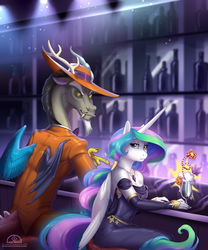 Size: 1250x1500 | Tagged: dead source, safe, artist:ladychimaera, discord, princess celestia, alicorn, draconequus, anthro, unguligrade anthro, dungeons and discords, g4, bar, breasts, cleavage, clothes, dress, drink, female, hat, looking at you, looking back, looking back at you, magic, male, mare, smiling, straight, suit, zoot suit