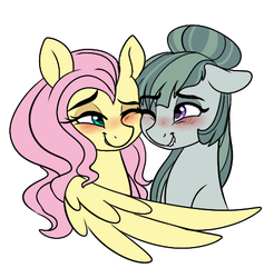 Size: 448x456 | Tagged: safe, artist:saphi-boo, fluttershy, marble pie, pony, g4, alternate hairstyle, blushing, bust, eye contact, female, floppy ears, hair bun, lesbian, lip bite, looking at each other, one eye closed, ship:marbleshy, shipping, simple background, smiling, white background
