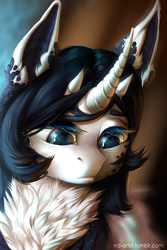 Size: 2000x3000 | Tagged: safe, artist:rrd-artist, oc, oc only, original species, chest fluff, curved horn, eyelashes, female, high res, horn, looking down, mare, solo