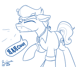 Size: 2050x1763 | Tagged: safe, artist:binkyt11, derpibooru exclusive, doctor caballeron, earth pony, pony, g4, clothes, dock, male, monochrome, neckerchief, nostril flare, simple background, sneeze cloud, sneezing, snot, solo, speech bubble, stallion, stubble, white background