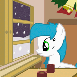 Size: 800x800 | Tagged: safe, artist:zylgchs, derpibooru exclusive, oc, oc only, oc:cynosura, pegasus, pony, animated, chocolate, christmas, cute, food, gif, hearth's warming eve, holiday, hot chocolate, looking at you, ocbetes, smiling, snow, solo, vector, window, winter