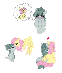 Size: 1112x1312 | Tagged: safe, artist:saphi-boo, fluttershy, marble pie, earth pony, pegasus, pony, g4, alternate hairstyle, blushing, cuddling, female, heart, hug, kissing, lesbian, mare, missing cutie mark, ship:marbleshy, shipping, simple background, smiling, thought bubble, white background, winghug