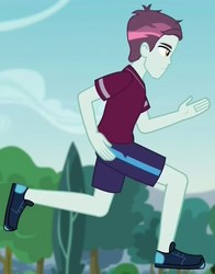 Size: 646x824 | Tagged: safe, screencap, track starr, equestria girls, g4, my little pony equestria girls: friendship games, pinkie spy (short), background human, blurry background, clothes, legs, male, running, shoes, shorts, sneakers, solo