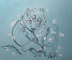 Size: 1280x1055 | Tagged: safe, artist:rrd-artist, oc, oc only, crab, fish, sea pony, seahorse, bubble, gills, monochrome, seaweed, traditional art, underwater