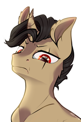 Size: 1280x1920 | Tagged: safe, artist:rrd-artist, oc, oc only, pony, unicorn, commission, curved horn, eye scar, frown, horn, male, red eyes, scar, simple background, solo, stallion, white background