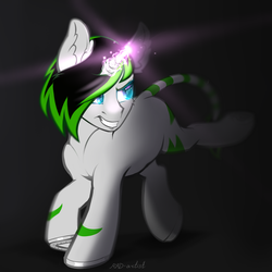 Size: 1280x1280 | Tagged: safe, artist:rrd-artist, oc, oc only, pony, unicorn, ear fluff, glowing horn, grin, horn, horseshoes, leonine tail, simple background, smiling, solo
