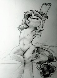 Size: 1280x1750 | Tagged: safe, artist:rrd-artist, rarity, pony, unicorn, g4, armpits, bed, belly button, cheek fluff, chest fluff, eyes closed, female, horseshoes, mare, monochrome, morning ponies, open mouth, solo, stretching, traditional art, underhoof, yawn