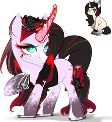 Size: 1280x1391 | Tagged: safe, artist:rrd-artist, oc, oc only, pony, unicorn, black rose, clothes, curved horn, eyelashes, female, flower, flower in hair, glowing horn, goth, horn, horseshoes, jacket, mare, simple background, solo, tattoo, white background