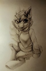 Size: 467x720 | Tagged: safe, artist:rrd-artist, oc, oc only, unicorn, semi-anthro, arm hooves, cheek squish, clothes, cute, ear fluff, female, looking at you, mare, monochrome, sitting, solo, squishy cheeks, sweater, tongue out, traditional art