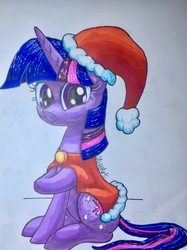 Size: 1536x2052 | Tagged: safe, artist:stewart501st, twilight sparkle, pony, g4, christmas, female, hat, holiday, mare, santa hat, smiling, solo, traditional art