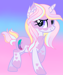 Size: 1008x1210 | Tagged: safe, artist:parisa07, oc, oc only, oc:shimmer light love, pony, unicorn, bat ears, chest fluff, coat markings, dappled, ear tufts, female, gradient background, heart eyes, lidded eyes, looking at you, magical lesbian spawn, mare, offspring, parent:starlight glimmer, parent:twilight sparkle, parents:twistarlight, raised hoof, raised leg, smiling, smirk, solo, wingding eyes