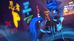 Size: 1919x1079 | Tagged: safe, artist:redchetgreen, oc, oc only, oc:starfall spark, oc:vibrant star, earth pony, pony, art trade, clothes, coat, cyberpunk, facial hair, goatee, hoofless socks, looking at you, male, neon, neon sign, sign, smiling, socks, solo
