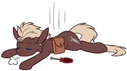 Size: 1024x579 | Tagged: safe, artist:ak4neh, oc, oc only, oc:spanner, earth pony, pony, eyes closed, male, screwdriver, simple background, solo, stallion, tired, transparent background