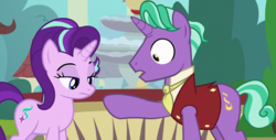 Size: 1043x531 | Tagged: safe, screencap, firelight, starlight glimmer, pony, unicorn, g4, the parent map, cutie mark, displeased, father and daughter, female, lidded eyes, looking down, male, mare, oops, sire's hollow, stallion