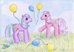 Size: 1024x721 | Tagged: safe, artist:normaleeinsane, pinkie pie (g3), sweetberry, pony, g3, balloon, duo, flower, grass, traditional art