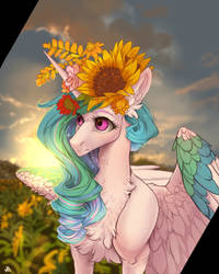 Size: 1024x1280 | Tagged: safe, artist:makkah, princess celestia, alicorn, pony, chest fluff, female, floral head wreath, flower, flower in hair, mare, solo, sunflower