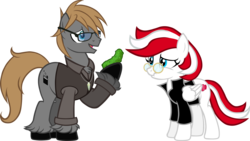 Size: 2000x1125 | Tagged: safe, artist:theeditormlp, oc, oc only, oc:peppermint, oc:the editor, earth pony, pegasus, pony, clothes, female, food, glasses, jacket, male, mare, pickle, scrunchy face, simple background, stallion, transparent background, vector