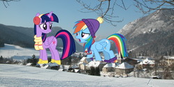 Size: 1600x800 | Tagged: safe, artist:luckreza8, artist:slb94, artist:theotterpony, rainbow dash, twilight sparkle, alicorn, pony, g4, clothes, earmuffs, giant ponies in real life, irl, macro, photo, ponies in real life, scarf, snow, twilight sparkle (alicorn), winter cap