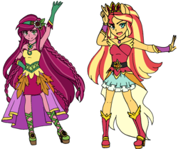 Size: 1372x1148 | Tagged: safe, artist:fantasygerard2000, gloriosa daisy, sunset shimmer, equestria girls, g4, armpits, clothes, female, magical sunset-chan, ponied up, precure, simple background, white background