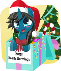 Size: 600x705 | Tagged: safe, artist:jhayarr23, oc, oc only, oc:blue moon, pony, unicorn, blushing, box, candy, candy cane, christmas, christmas lights, christmas tree, christmas wreath, cute, female, filly, food, happy, hat, hearth's warming eve, holiday, pony in a box, present, santa hat, smiling, solo, text, tree, vector, wreath