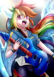 Size: 1240x1753 | Tagged: safe, artist:wolfchen999, rainbow dash, human, equestria girls series, g4, clothes, eared humanization, female, guitar, humanized, looking at you, mare, open mouth, ponied up, solo, winged humanization, wings