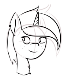Size: 482x542 | Tagged: safe, artist:vbronny, oc, oc only, pony, unicorn, black and white, bust, ear piercing, female, grayscale, horn, mare, monochrome, piercing, portrait, simple background, sketch, smiling, solo, white background
