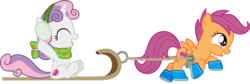 Size: 8976x3000 | Tagged: safe, artist:cloudy glow, scootaloo, sweetie belle, pegasus, pony, best gift ever, g4, .ai available, boots, clothes, cute, cutealoo, diasweetes, duo, earmuffs, hoof shoes, open mouth, pulling, pulling a sled, scarf, shoes, simple background, sled, sledding, transparent background, vector, winter outfit
