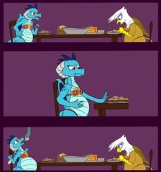 Size: 1194x1280 | Tagged: safe, artist:8aerondight8, gilda, princess ember, dragon, griffon, g4, belly, big belly, breasts, comic, dragoness, dragonlard ember, duo, fat, female, force feeding, gildough, slave leia outfit, story in the source, stuffed, stuffing, weight gain