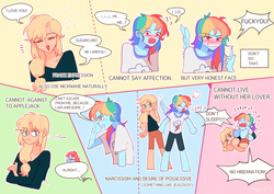 Size: 1280x907 | Tagged: safe, artist:dusty-munji, applejack, rainbow dash, equestria girls, g4, chibi, engrish, female, lesbian, ship:appledash, shipping, speech bubble