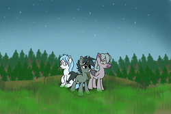 Size: 1971x1320 | Tagged: safe, artist:vbronny, oc, oc only, earth pony, pegasus, pony, unicorn, female, grin, hooves, horn, male, mare, night, night sky, sitting, sky, smiling, stallion, standing, stars, tree, trio, wings
