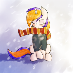 Size: 1024x1024 | Tagged: safe, artist:vbronny, oc, oc only, pony, unicorn, clothes, eyes closed, female, hooves, horn, mare, scarf, sitting, snow, snowfall, solo