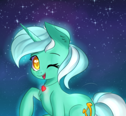 Size: 1782x1642 | Tagged: safe, artist:brok-enwings, lyra heartstrings, pony, unicorn, g4, cute, female, heart, jewelry, lyrabetes, mare, necklace, one eye closed, open mouth, solo, starry night, stars
