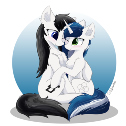 Size: 1280x1280 | Tagged: safe, artist:muffinkarton, oc, oc only, oc:muffinkarton, oc:white noise, pony, unicorn, blushing, chest fluff, duo, duo female, ear fluff, eye contact, female, horn, hug, looking at each other, looking at someone, mare, one eye closed, sitting, smiling, unicorn oc