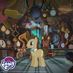 Size: 1080x1080 | Tagged: safe, gameloft, doctor whooves, time turner, earth pony, pony, g4, official, doctor whooves' lab, lab, laboratory, male, my little pony logo, solo, stallion