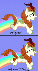 Size: 489x914 | Tagged: safe, artist:nightshadowmlp, edit, edited screencap, screencap, autumn blaze, kirin, g4, sounds of silence, comparison, ms paint, rainbow, scene interpretation, text