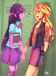 Size: 1128x1522 | Tagged: safe, artist:idolize_341, sunset shimmer, twilight sparkle, equestria girls, g4, blushing, book, clothes, female, heart, holding hands, lesbian, lockers, looking at each other, open mouth, ship:sunsetsparkle, shipping, shirt, signature, skirt, smiling