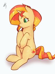 Size: 1200x1600 | Tagged: safe, artist:idolize_341, sunset shimmer, pony, unicorn, g4, cute, female, mare, raised hoof, signature, simple background, sitting, white background