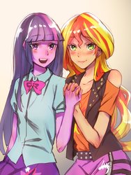 Size: 1153x1534 | Tagged: safe, artist:idolize_341, sunset shimmer, twilight sparkle, equestria girls, g4, blushing, bow, bowtie, clothes, female, gradient background, holding hands, lesbian, looking at you, open mouth, ship:sunsetsparkle, shipping, signature, skirt, smiling