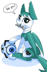 Size: 1255x1920 | Tagged: safe, artist:php97, pony, robot, robot pony, crossover, female, jenny wakeman, looking at you, mare, mouth hold, my life as a teenage robot, personality core, ponified, portal (valve), solo, wheatley